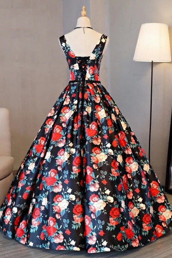 A-Line Crew Sweep Train Navy Blue Printed Satin Sleeveless Prom Dress LRA205