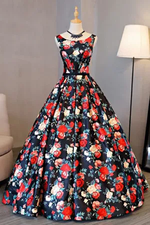 A-Line Crew Sweep Train Navy Blue Printed Satin Sleeveless Prom Dress LRA205