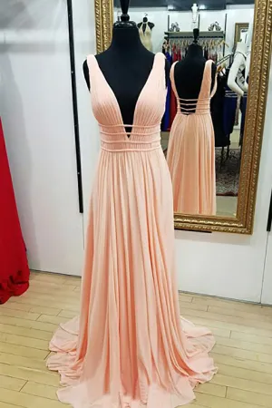 A-Line Deep V-Neck Sweep Train Peach Chiffon Backless Prom Dress LRA345