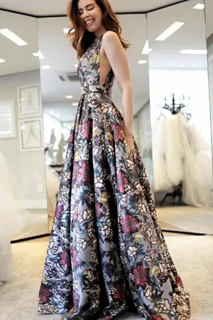 A-Line V-Neck Sweep Train Multi Color Printed Backless Prom Dress LR476