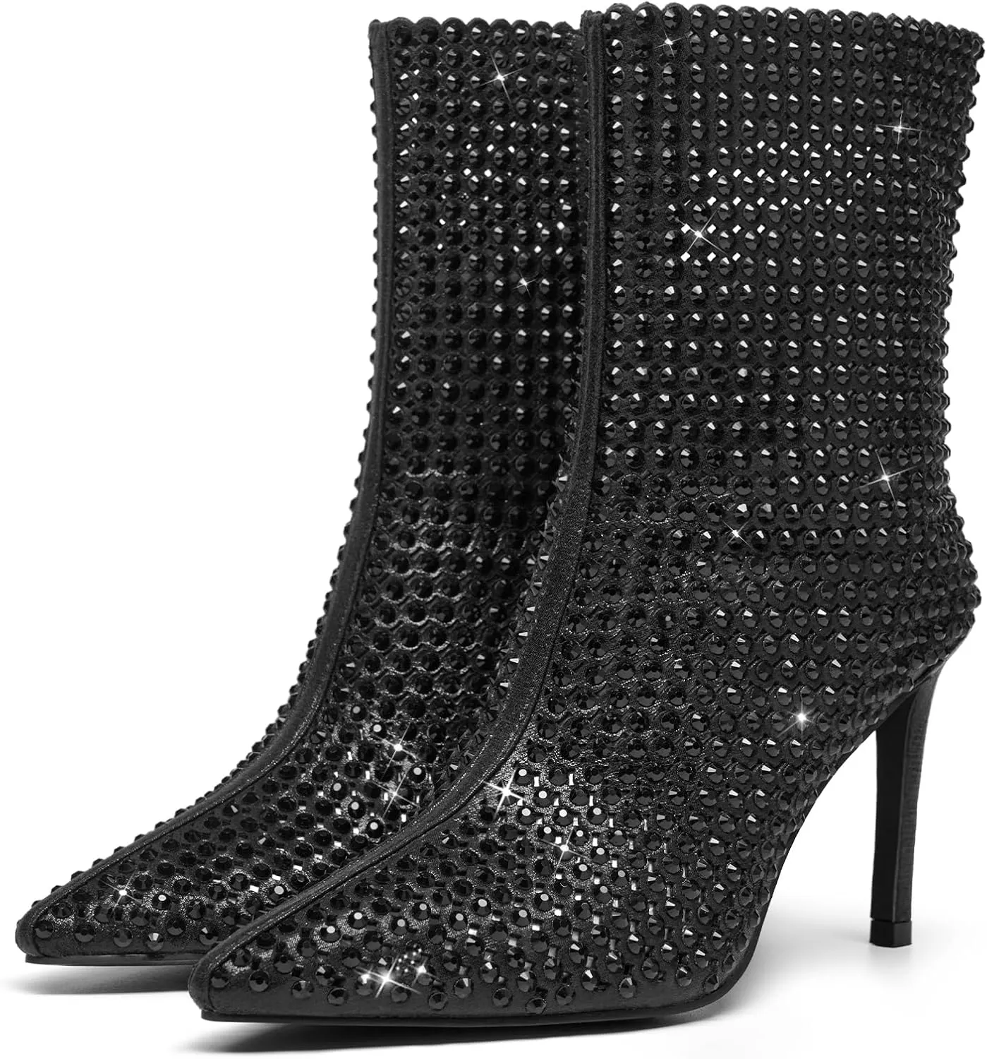 Black Sparkly Rhinestone Ankle Boots for Women Stiletto Heeled Glitter Booties Pointed Toe High Heel Girls Dress Bridal Birthday Party Wedding Anniversary Graduation Prom Shoes 9