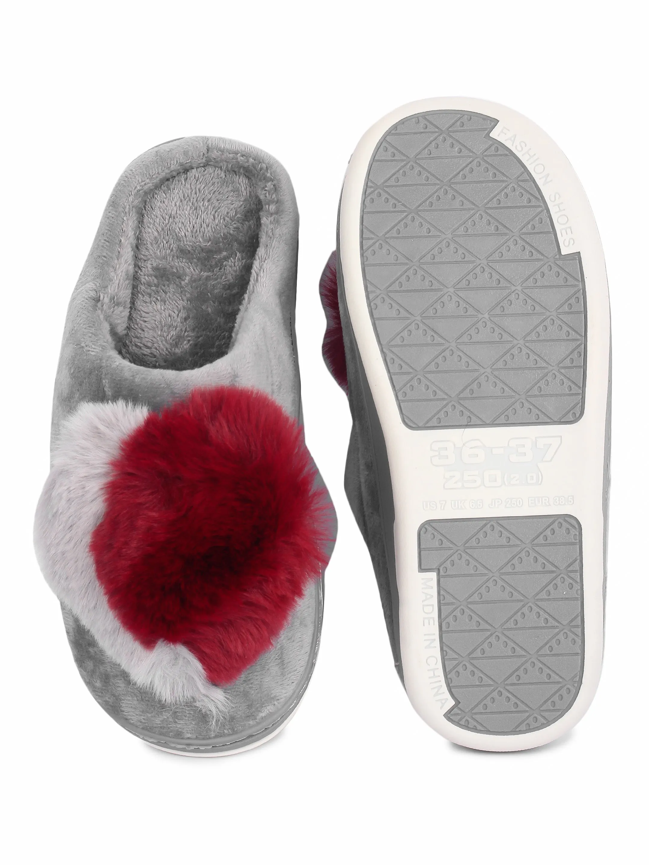 Brauch Women's Grey Heart Furry Winter Slippers