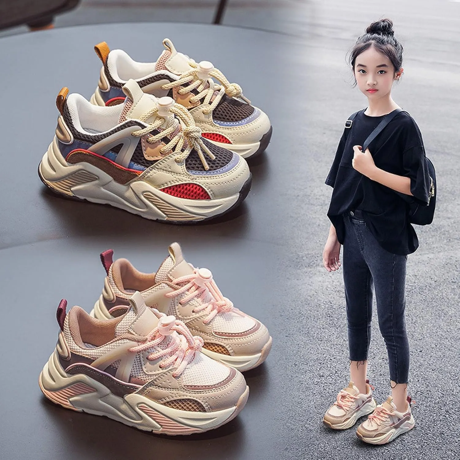 Chunky Sneakers for Toddler Kids Lace Up Sneakers Platform Comfortable Leather Casual Softy Sole Mesh Dad Shoes