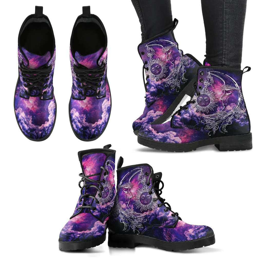 Combat Boots for Women - Galaxy Sun Moon 4 Handcrafted Boots | Unique Custom Faux Leather Shoes, Cruelty-free Vegan Handmade Lace Up