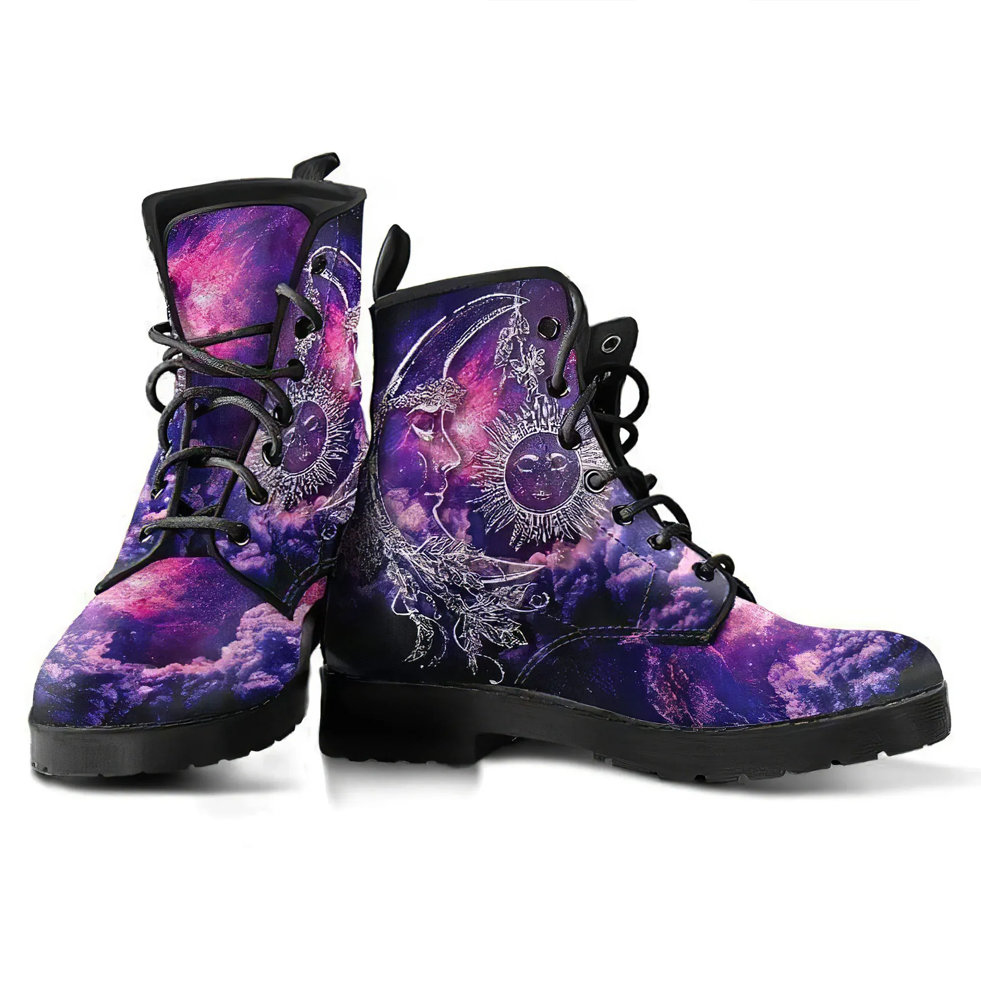 Combat Boots for Women - Galaxy Sun Moon 4 Handcrafted Boots | Unique Custom Faux Leather Shoes, Cruelty-free Vegan Handmade Lace Up