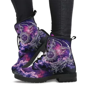 Combat Boots for Women - Galaxy Sun Moon 4 Handcrafted Boots | Unique Custom Faux Leather Shoes, Cruelty-free Vegan Handmade Lace Up