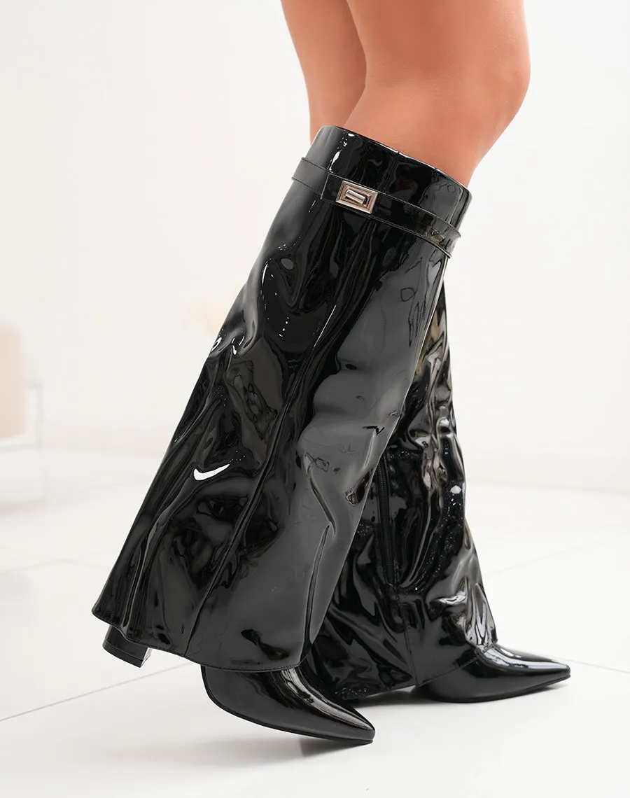 Fold Over Knee-High Boots -Black