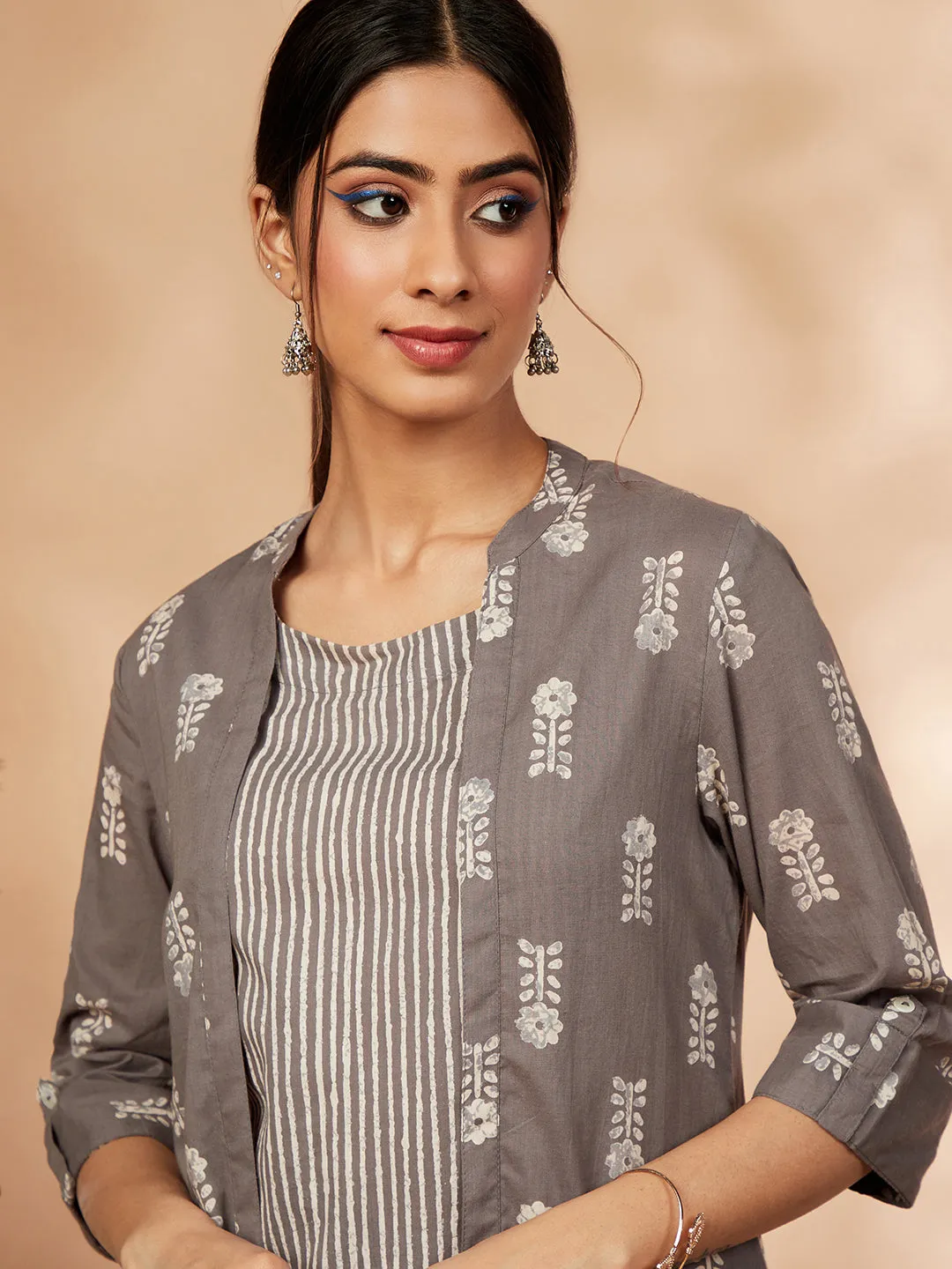 Grey Printed A-Line Kurta Set