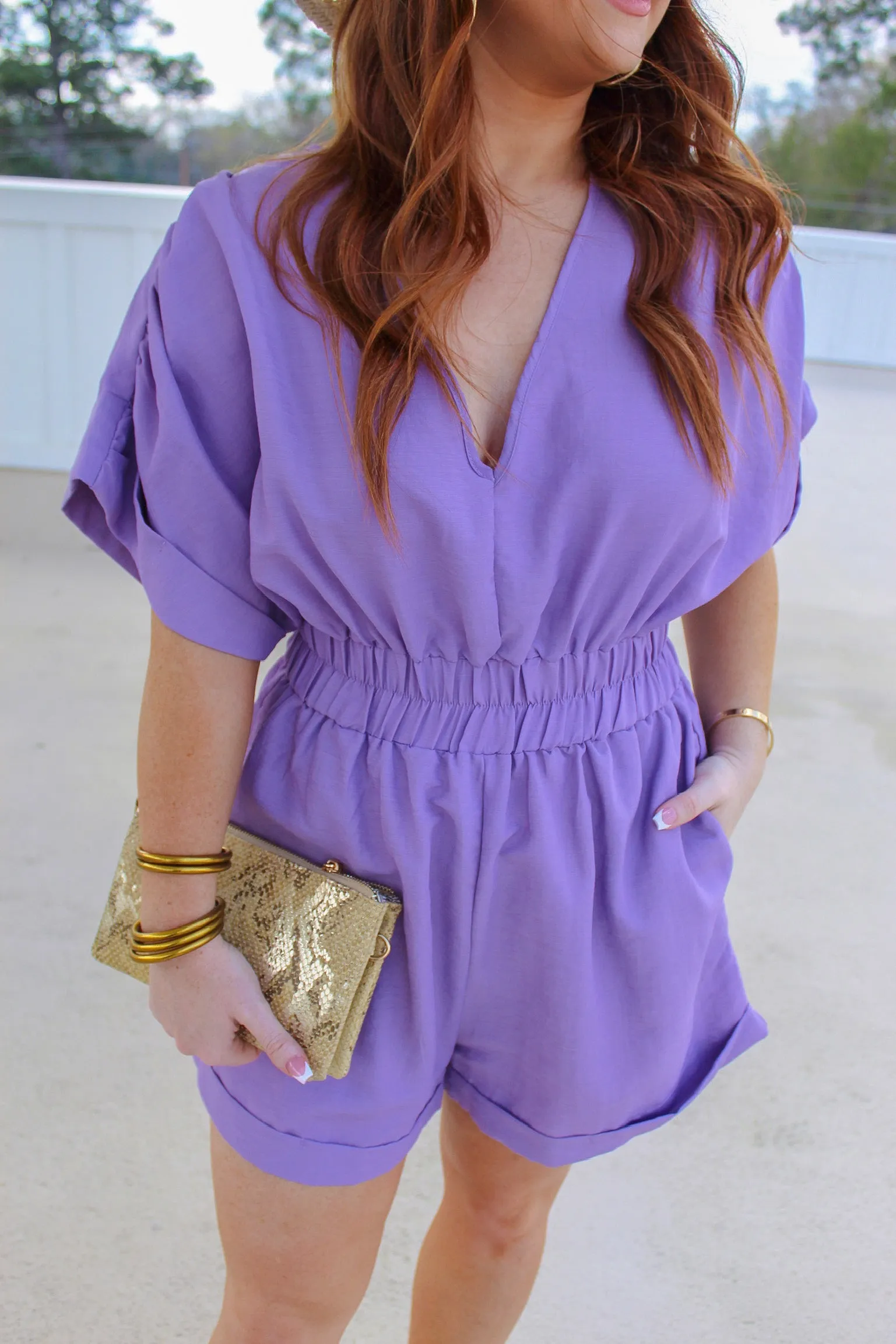 Hallow V Neck Pleated Romper- Lavender