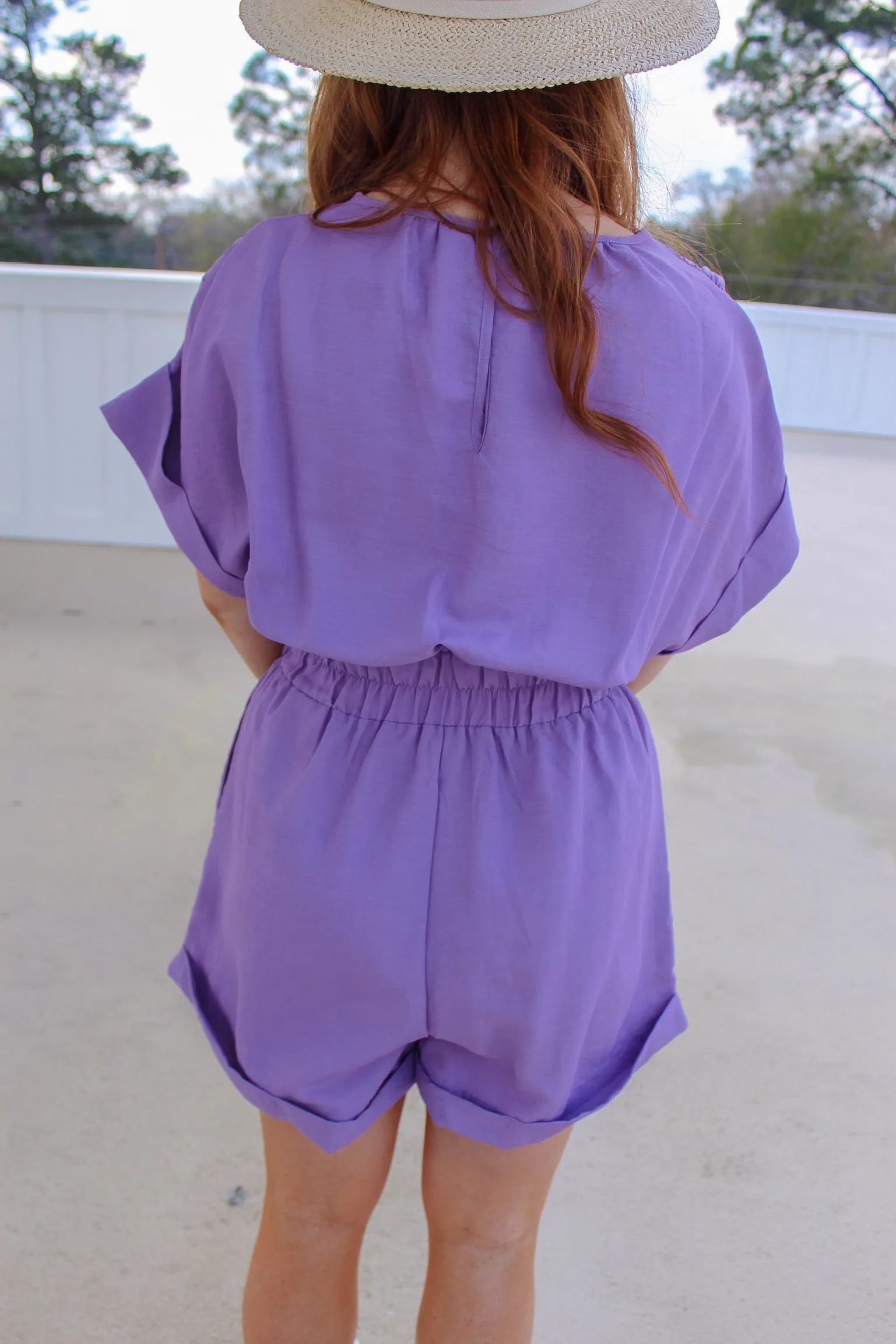 Hallow V Neck Pleated Romper- Lavender