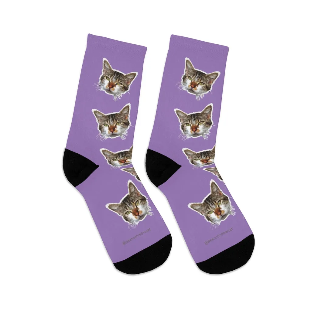 Light Purple Cat Print Socks, Cute Calico Cat 1-Size Knit Premium Socks- Made in USA
