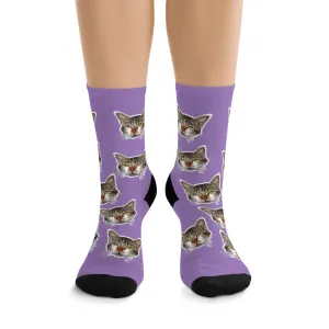 Light Purple Cat Print Socks, Cute Calico Cat 1-Size Knit Premium Socks- Made in USA