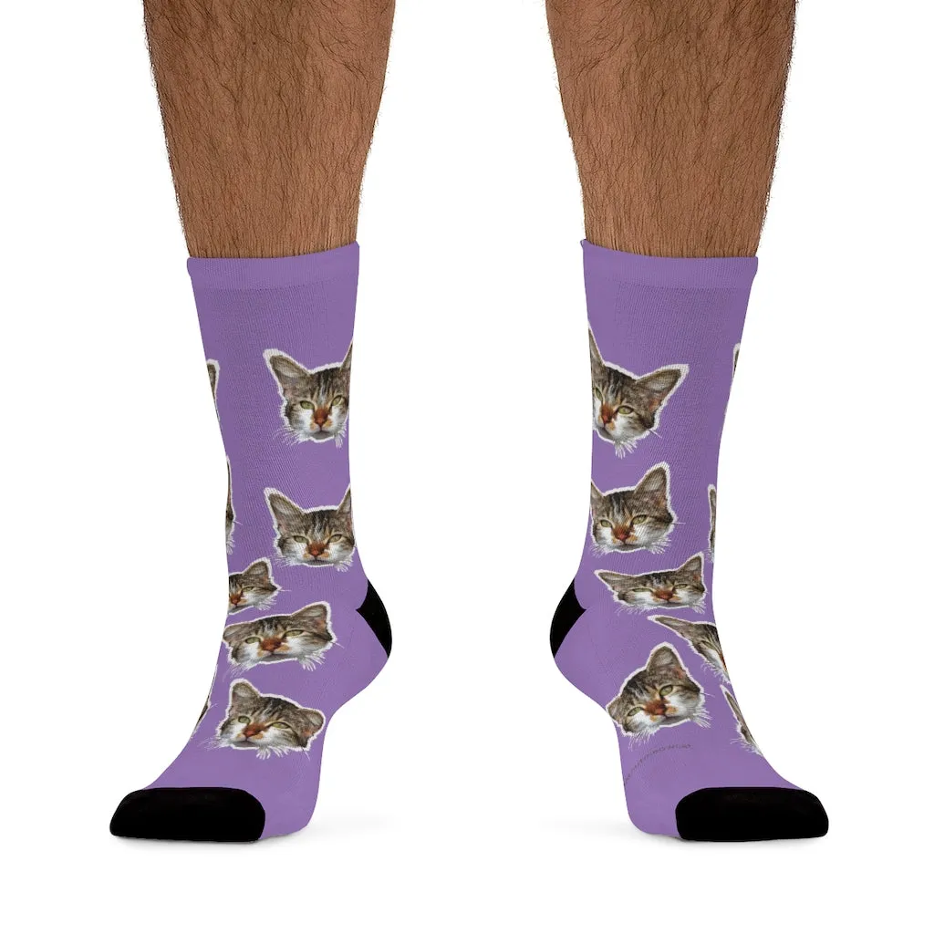 Light Purple Cat Print Socks, Cute Calico Cat 1-Size Knit Premium Socks- Made in USA