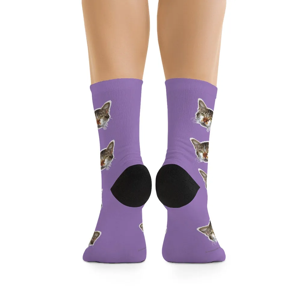 Light Purple Cat Print Socks, Cute Calico Cat 1-Size Knit Premium Socks- Made in USA