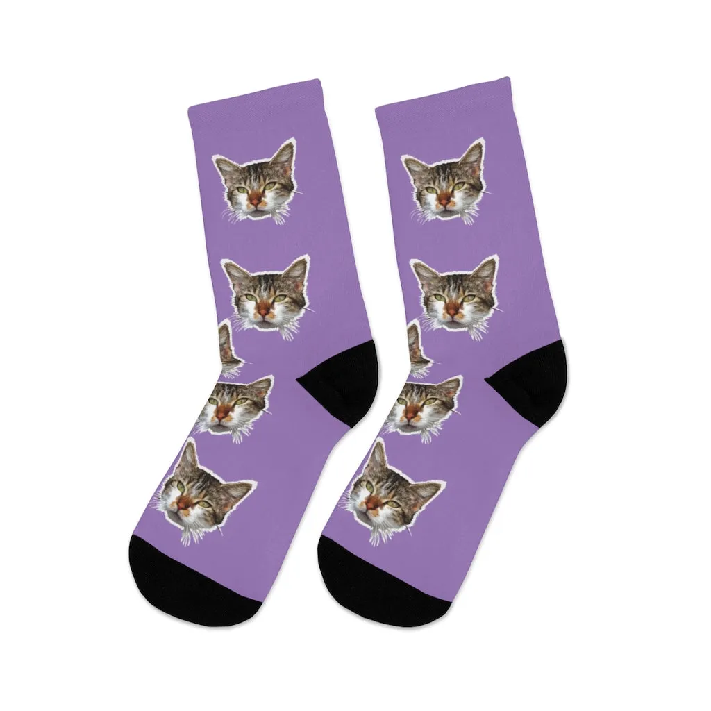 Light Purple Cat Print Socks, Cute Calico Cat 1-Size Knit Premium Socks- Made in USA