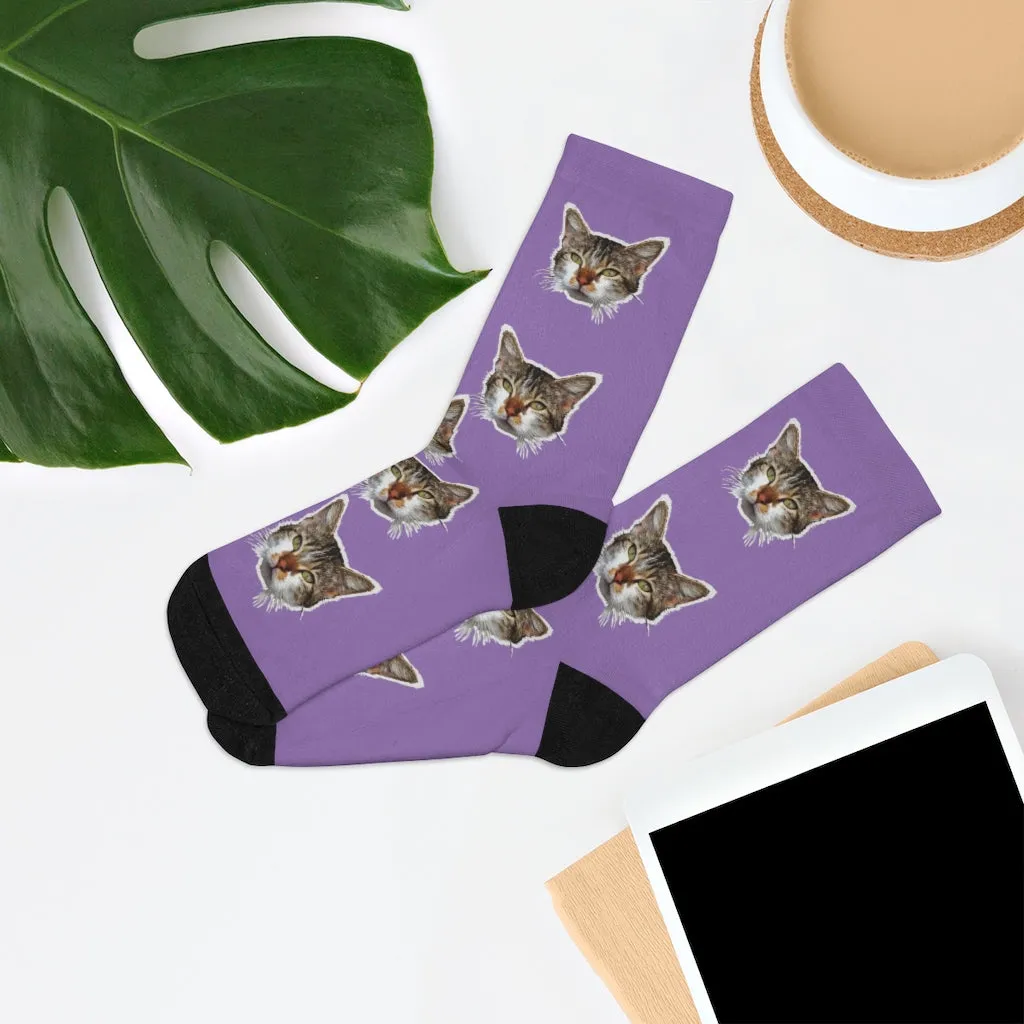 Light Purple Cat Print Socks, Cute Calico Cat 1-Size Knit Premium Socks- Made in USA