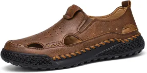 Men's Casual Leather Sandals Closed Toe Anti-Slip Outdoor Beach Shoes Lightweight Summer Hiking Sandals