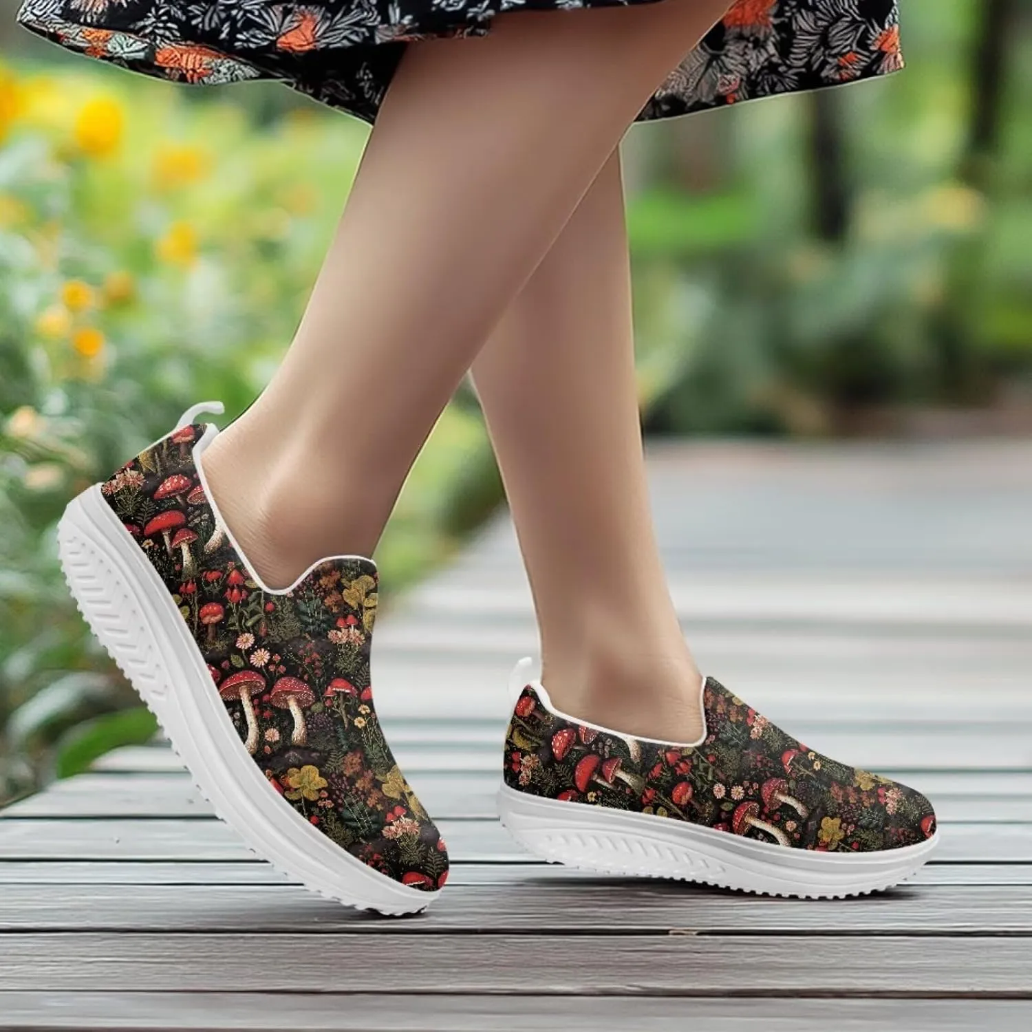 Mushroom Slip-On Sneakers Women Elastic Mesh Loafers Platform with Rocking Bottom Sole for Walking,Running