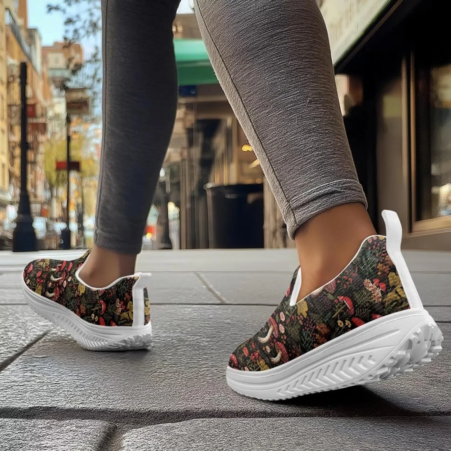 Mushroom Slip-On Sneakers Women Elastic Mesh Loafers Platform with Rocking Bottom Sole for Walking,Running