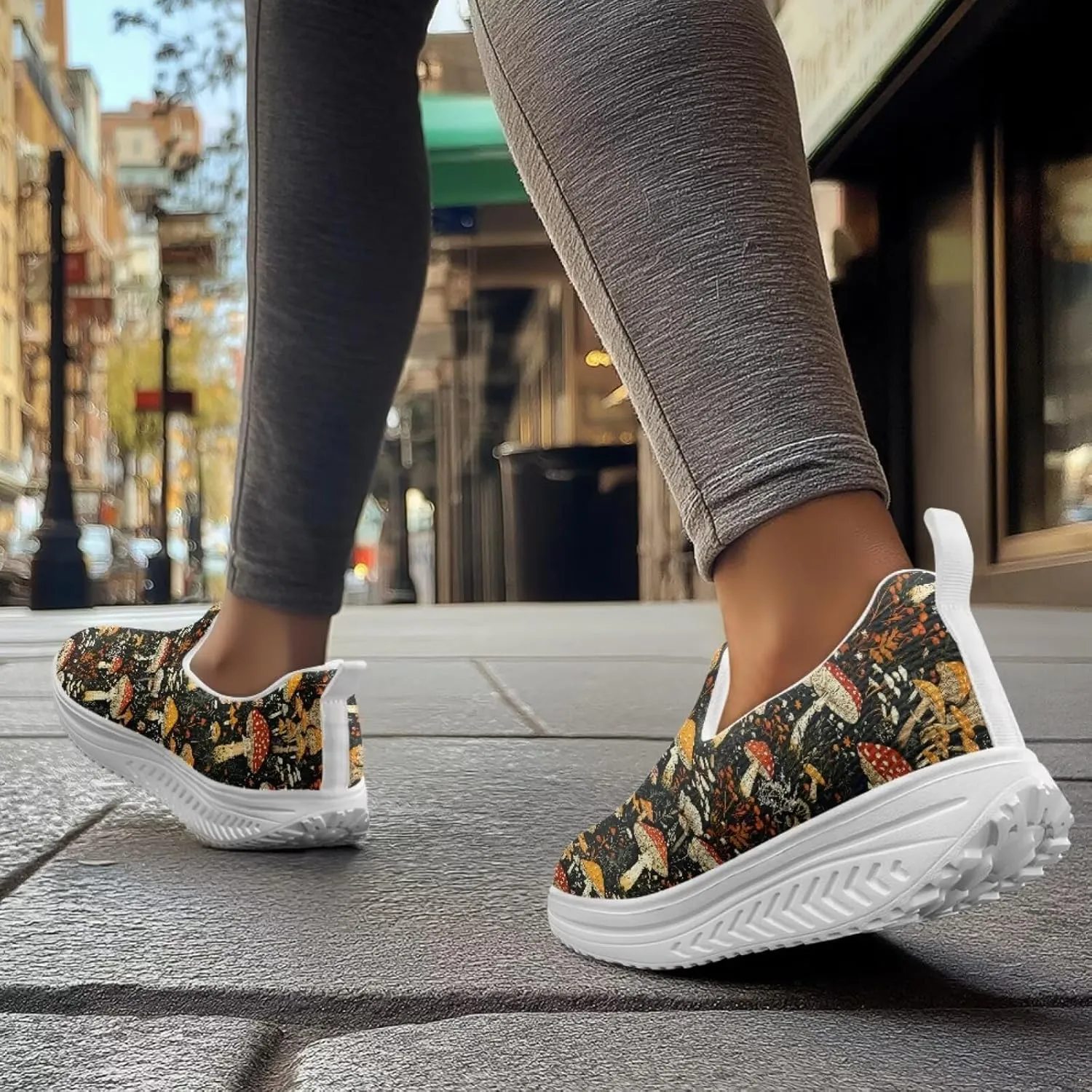 Mushroom Slip-On Sneakers Women Elastic Mesh Loafers Platform with Rocking Bottom Sole for Walking,Running