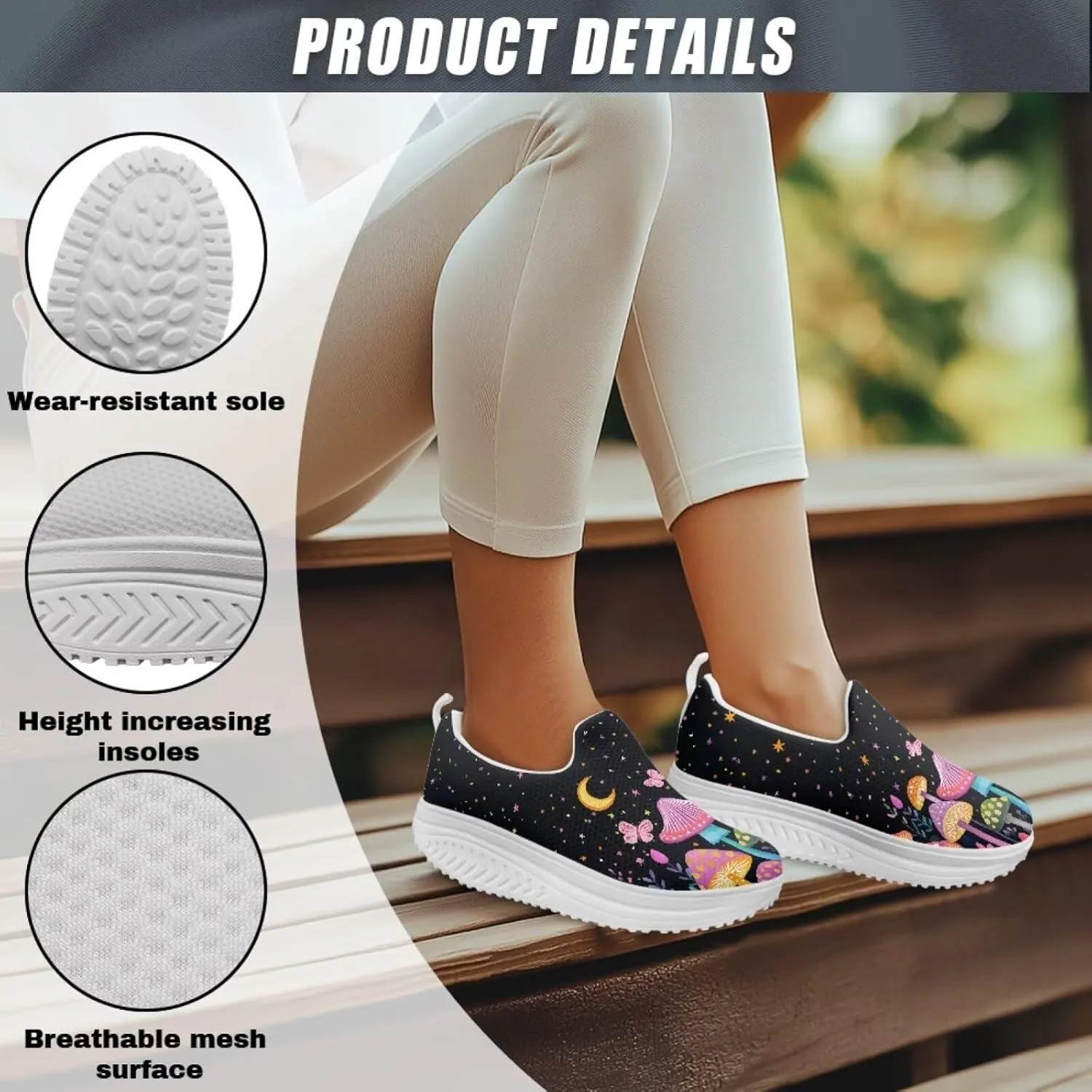Mushroom Slip-On Sneakers Women Elastic Mesh Loafers Platform with Rocking Bottom Sole for Walking,Running