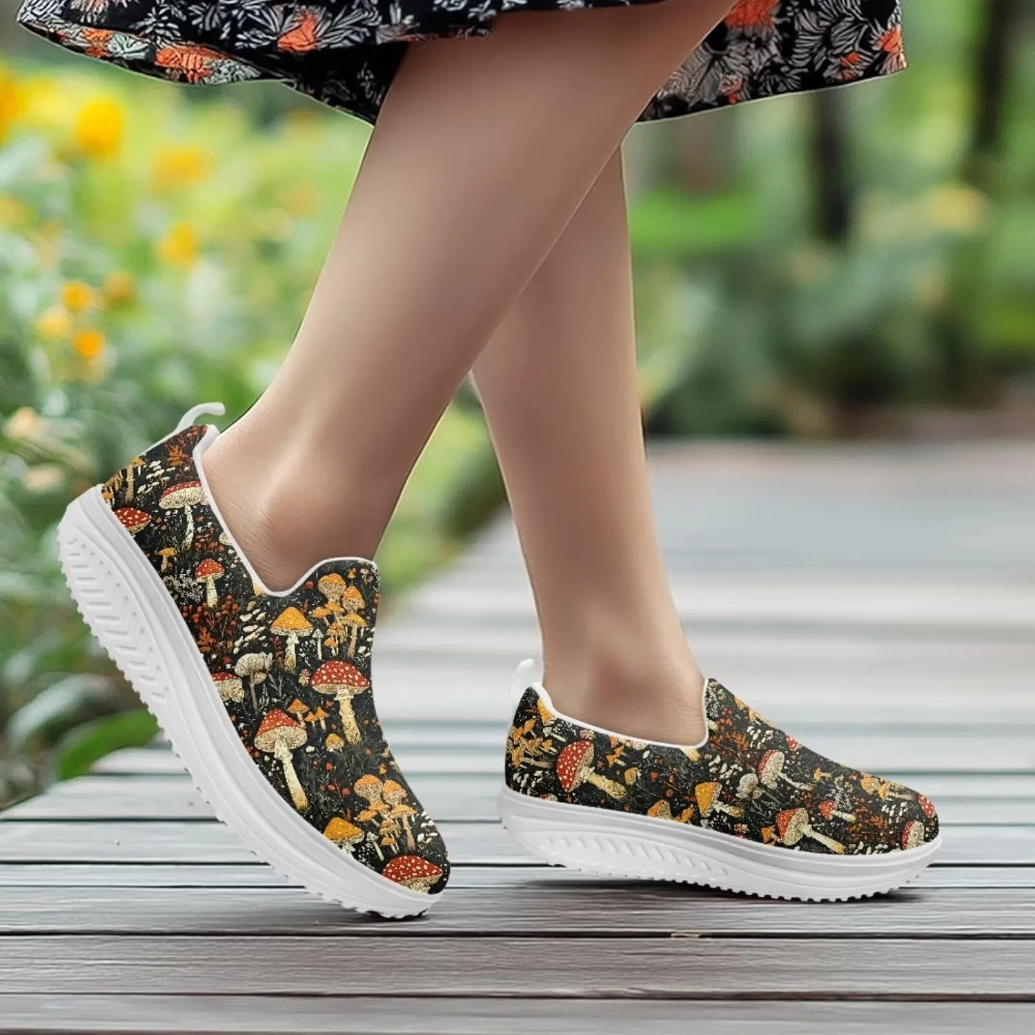 Mushroom Slip-On Sneakers Women Elastic Mesh Loafers Platform with Rocking Bottom Sole for Walking,Running
