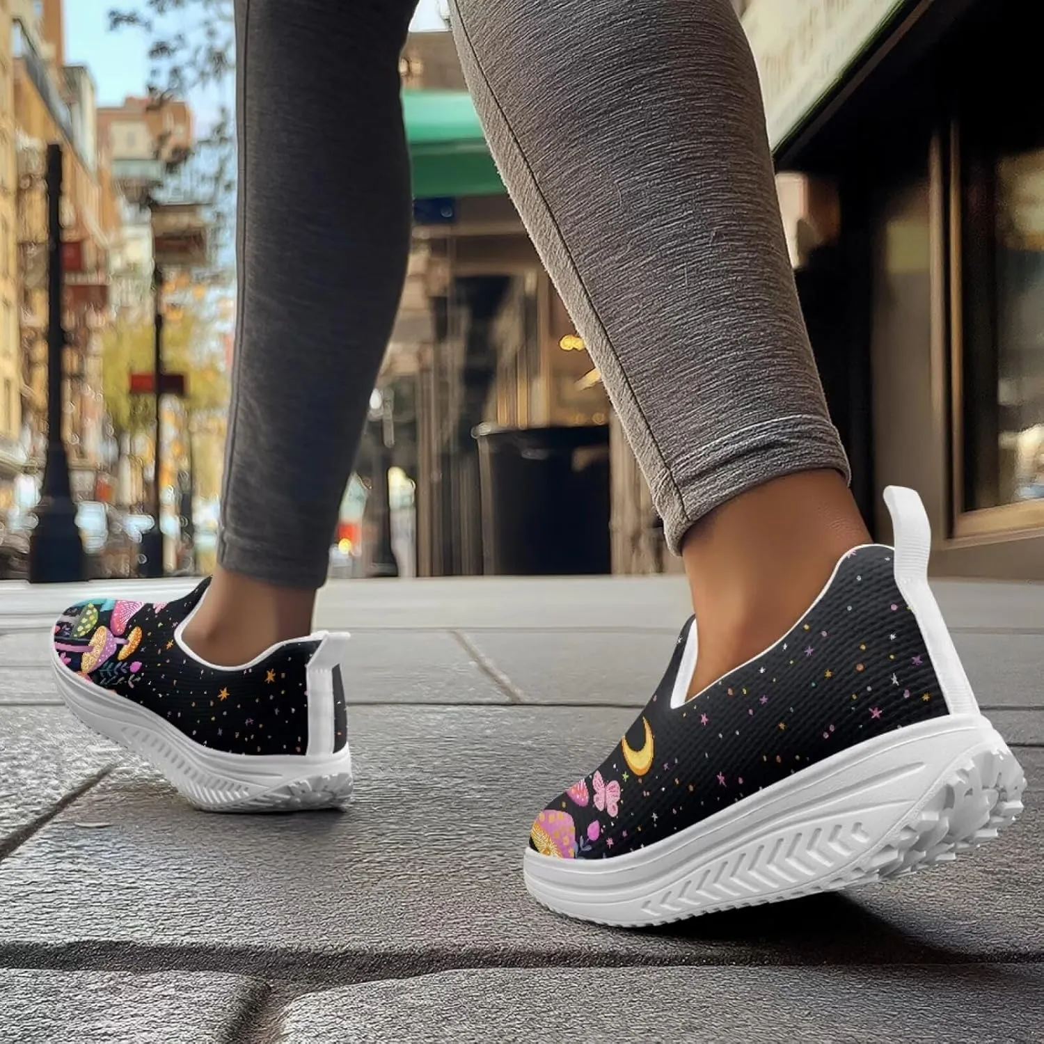 Mushroom Slip-On Sneakers Women Elastic Mesh Loafers Platform with Rocking Bottom Sole for Walking,Running