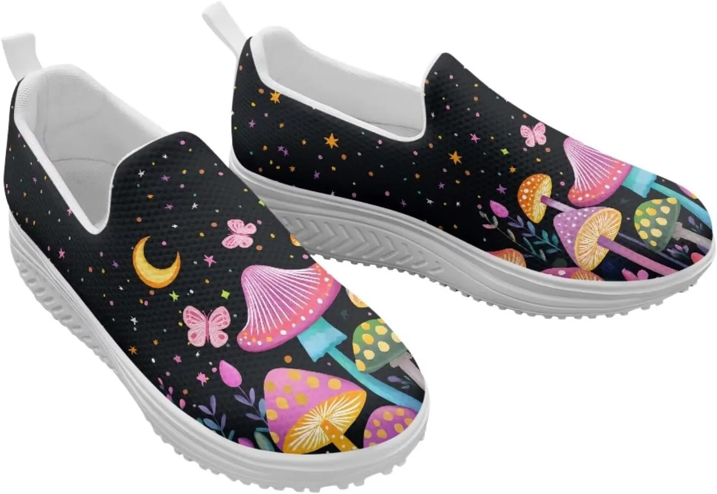 Mushroom Slip-On Sneakers Women Elastic Mesh Loafers Platform with Rocking Bottom Sole for Walking,Running