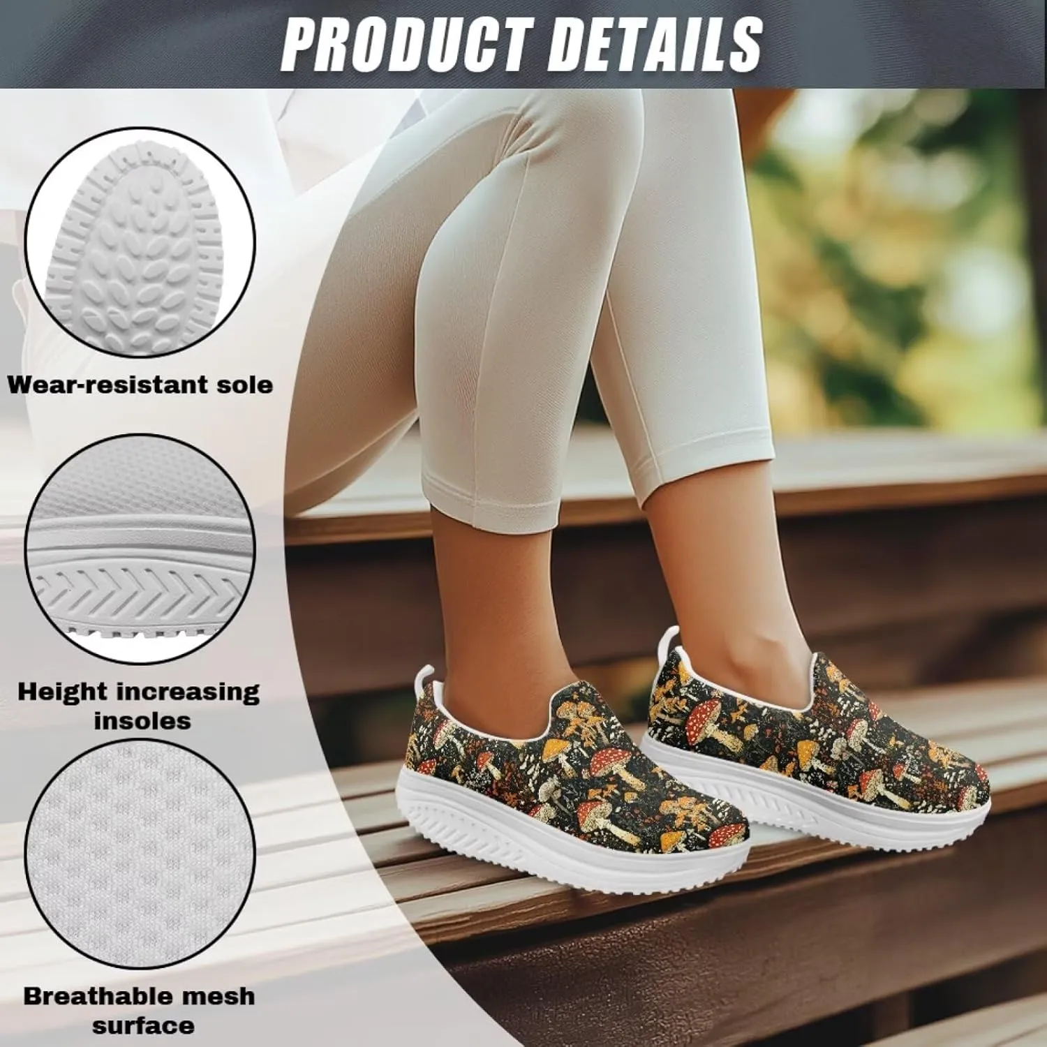 Mushroom Slip-On Sneakers Women Elastic Mesh Loafers Platform with Rocking Bottom Sole for Walking,Running