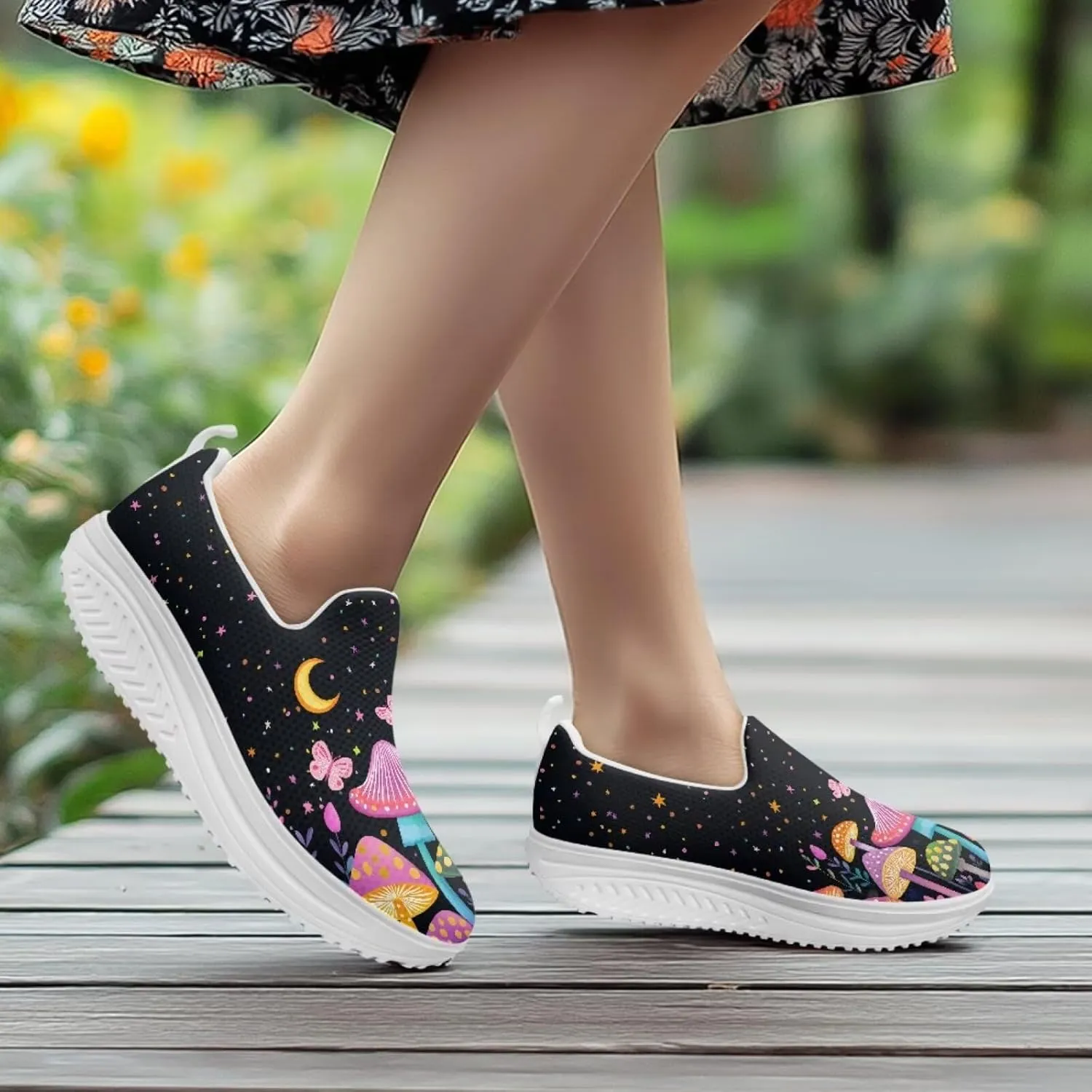 Mushroom Slip-On Sneakers Women Elastic Mesh Loafers Platform with Rocking Bottom Sole for Walking,Running