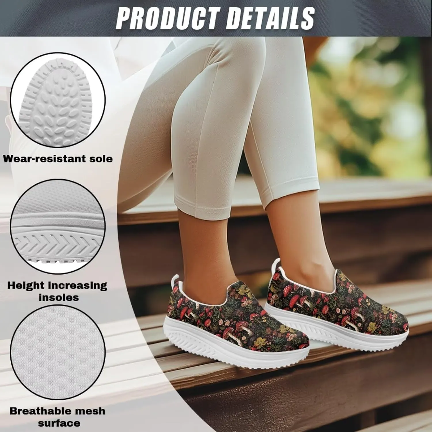 Mushroom Slip-On Sneakers Women Elastic Mesh Loafers Platform with Rocking Bottom Sole for Walking,Running