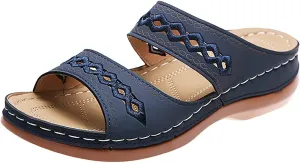 Orthopedic Sandals for Women Comfort Slip On Wide Width Sandals Vintage Arch Support Slides Wedge Shoes Lightweight Summer Flat Walking Shoes Dressy Breathable Flip Flops Footwear