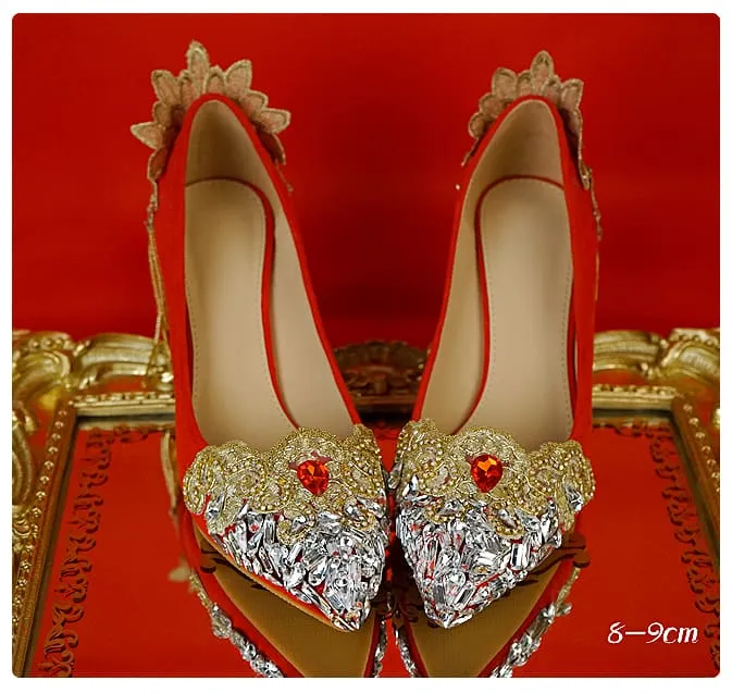 Palace Tetro Style Rhinestone Tassel Gold Lace Flower Bridal Heels