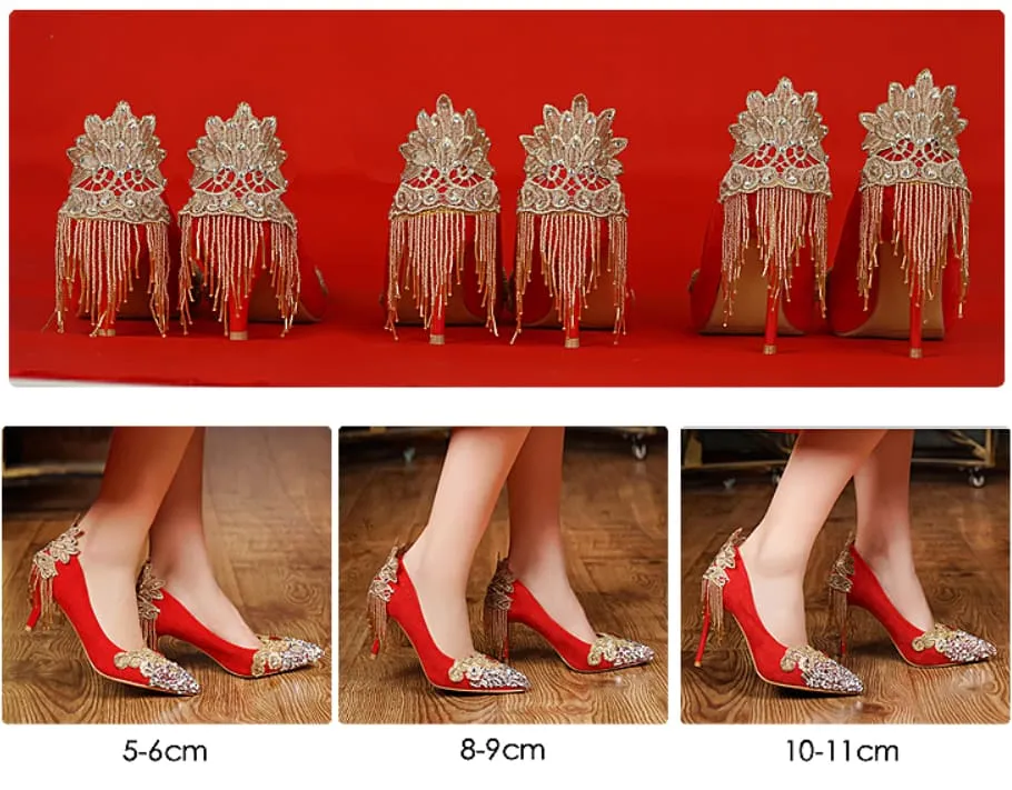 Palace Tetro Style Rhinestone Tassel Gold Lace Flower Bridal Heels