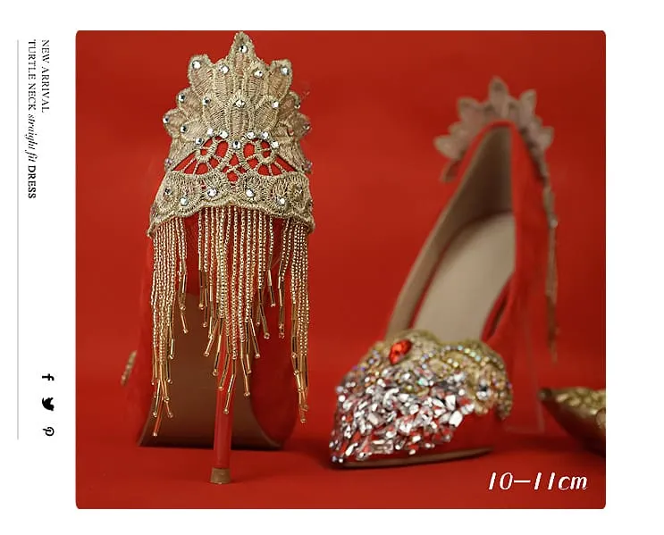 Palace Tetro Style Rhinestone Tassel Gold Lace Flower Bridal Heels