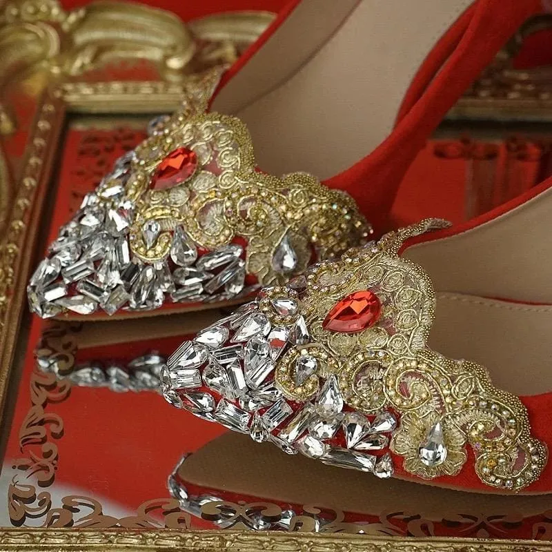 Palace Tetro Style Rhinestone Tassel Gold Lace Flower Bridal Heels