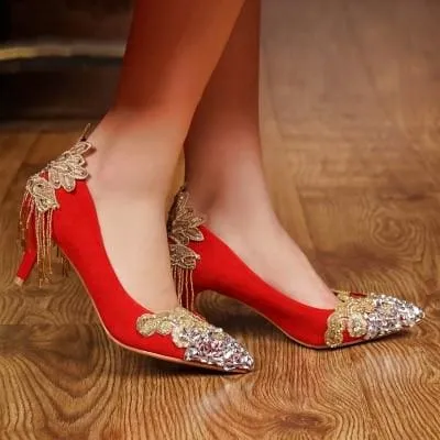 Palace Tetro Style Rhinestone Tassel Gold Lace Flower Bridal Heels