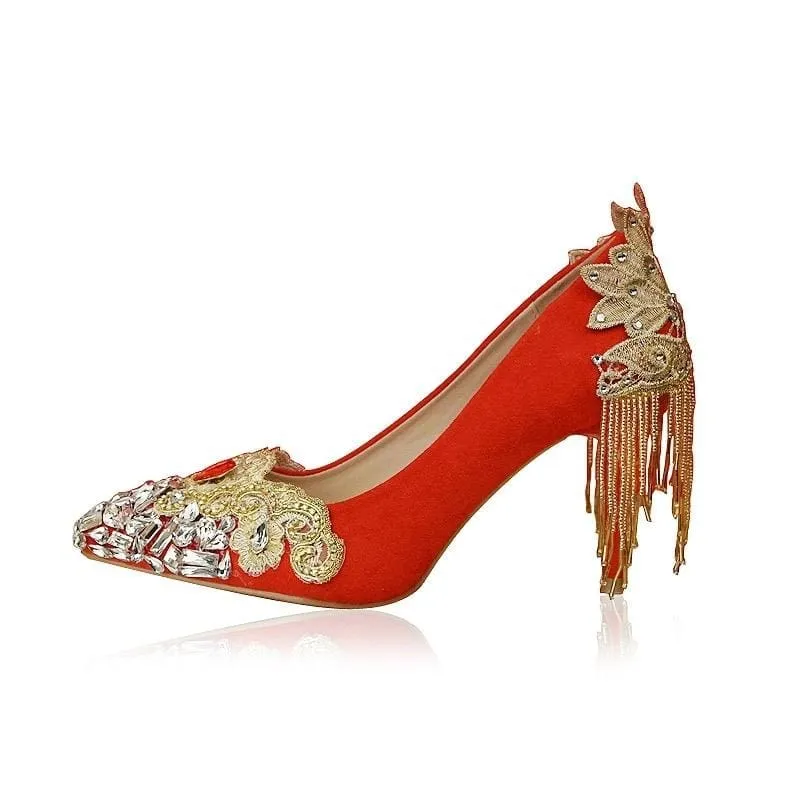 Palace Tetro Style Rhinestone Tassel Gold Lace Flower Bridal Heels