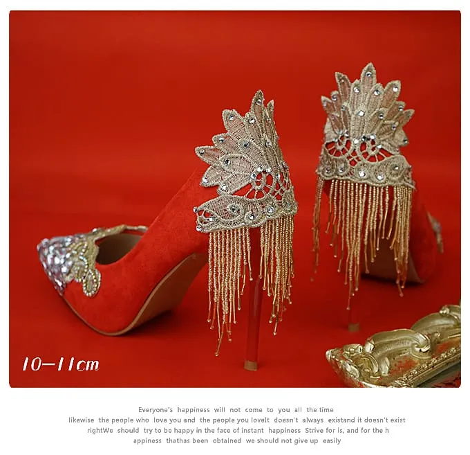 Palace Tetro Style Rhinestone Tassel Gold Lace Flower Bridal Heels