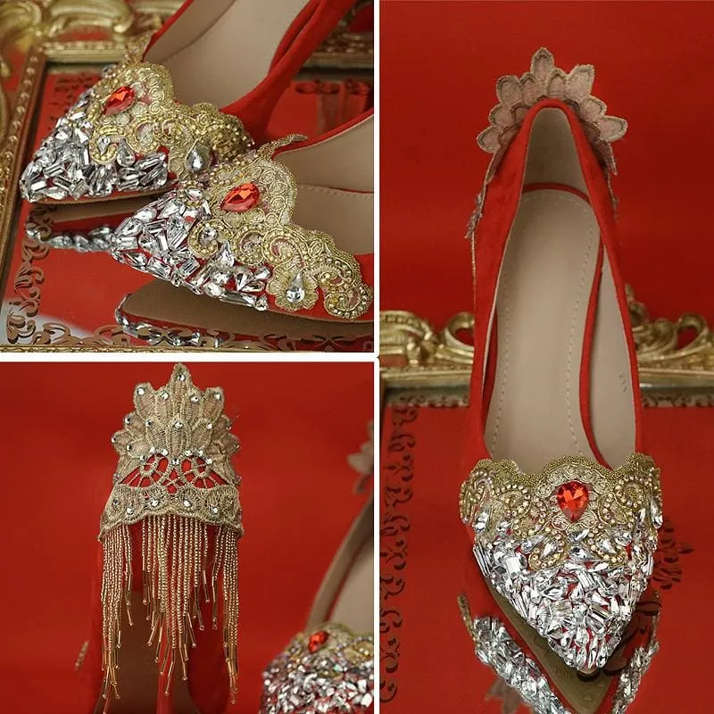 Palace Tetro Style Rhinestone Tassel Gold Lace Flower Bridal Heels