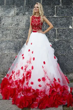 Two Piece Jewel Sweep Train Red Tulle Prom Dress with Appliques Flowers LR276