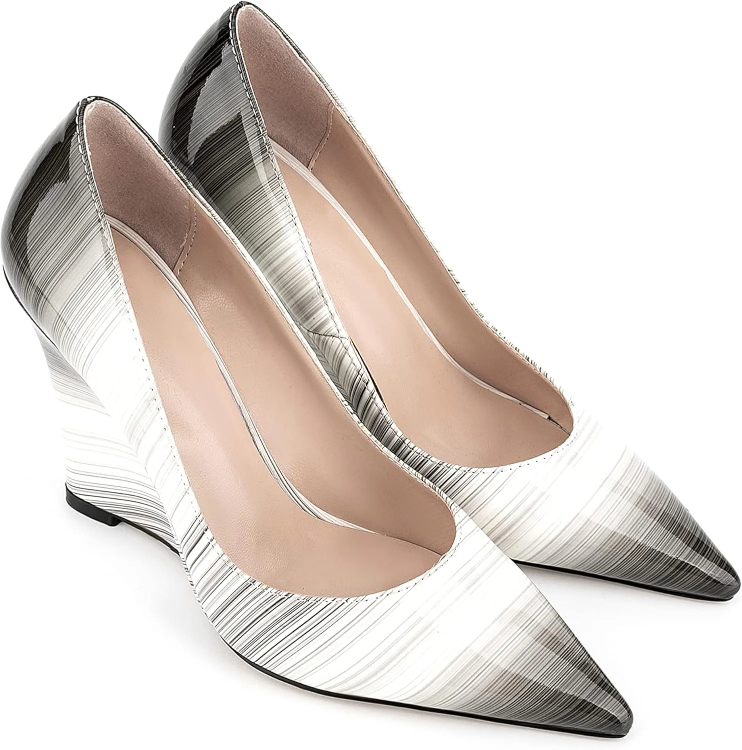 UP2STEP Women Fashion Vegan Patent Leather High Wedge Heel Shoes Pointed Toe Slip on Pumps for Daily