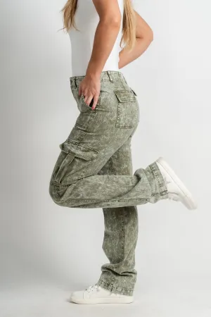 Washed cargo denim jeans olive
