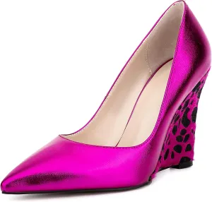 Women Leopard Pattern Vegan Suede Heeled Pumps Pointed Toe Slip on Wedge High Heel Dress Shoes