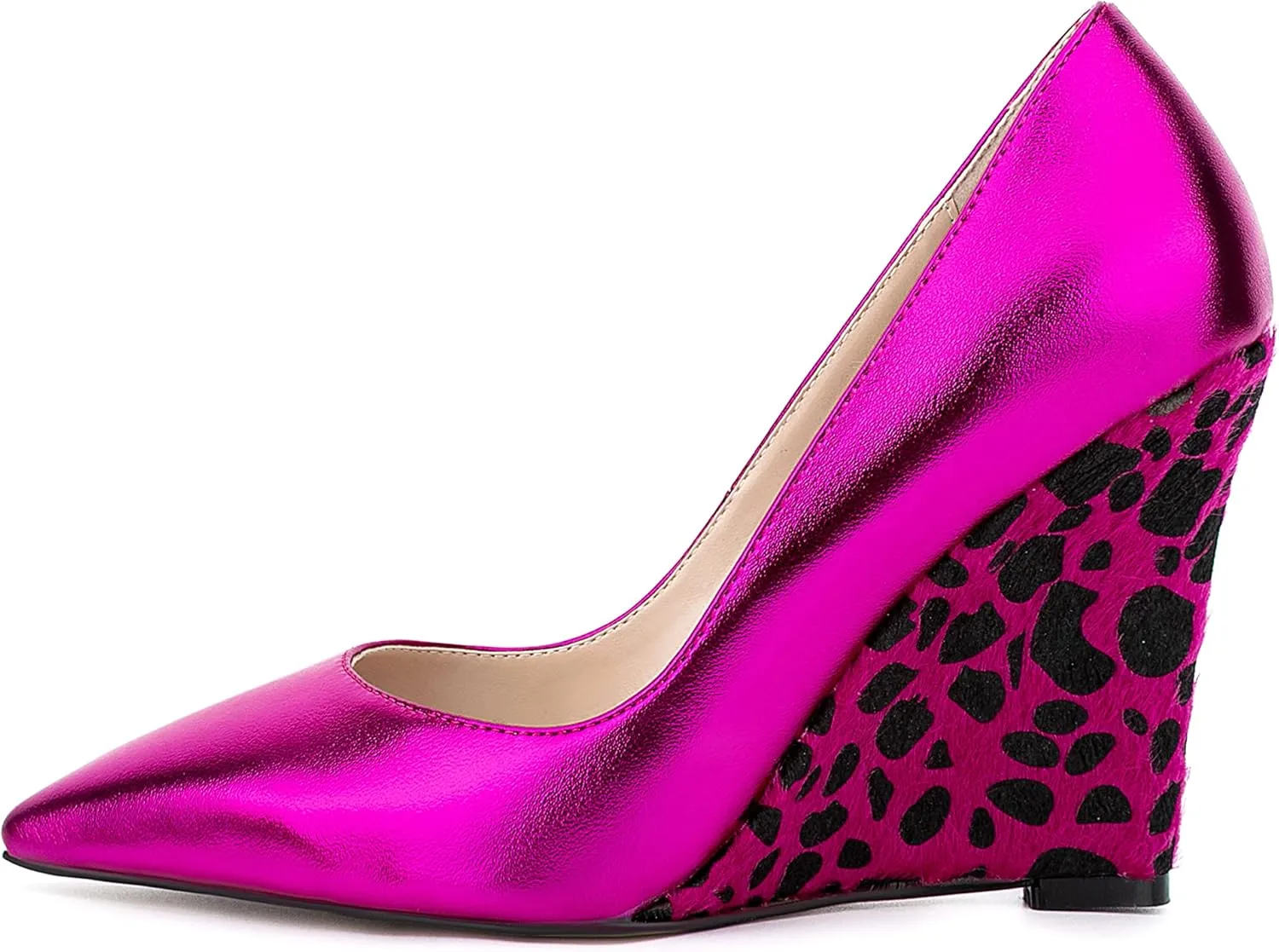 Women Leopard Pattern Vegan Suede Heeled Pumps Pointed Toe Slip on Wedge High Heel Dress Shoes