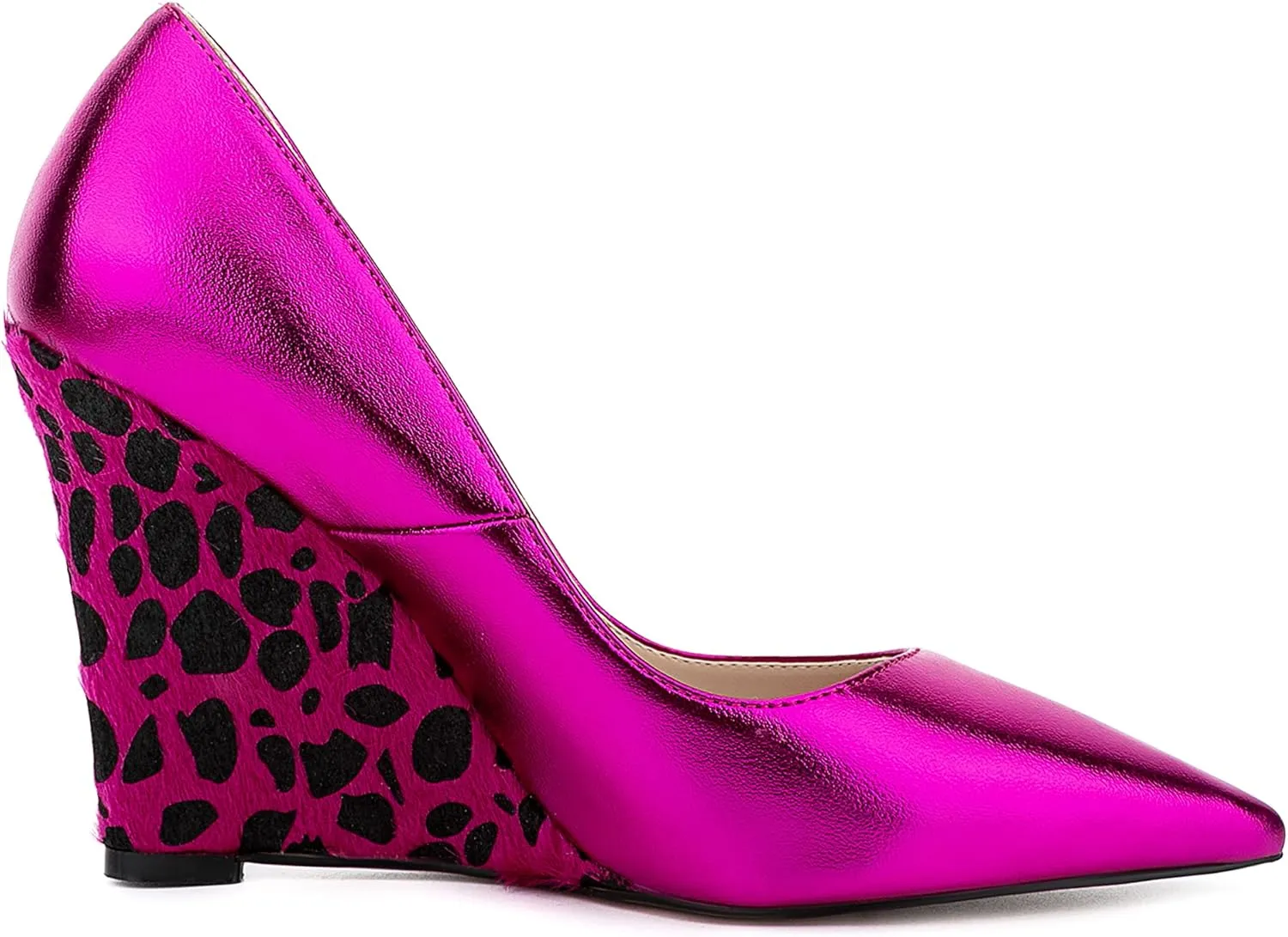 Women Leopard Pattern Vegan Suede Heeled Pumps Pointed Toe Slip on Wedge High Heel Dress Shoes