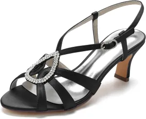 Women Retro Low Kitten Heel Rhinestone Ankle Strap Dress Sandals Open Toe Vegan Satin Shoes