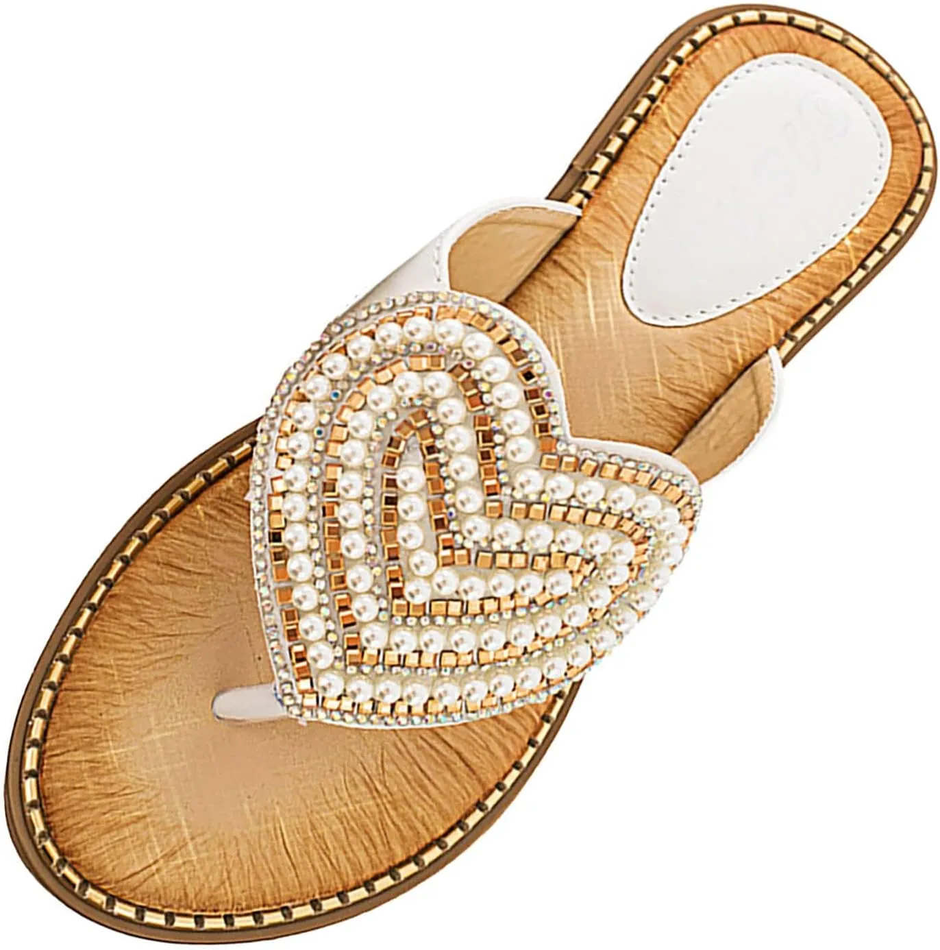 Womens Flat Sandals Dressy Pearl Beadeed Jewelry Open Toe Thong Flip Flops Casual Summer Slip On Beach Slide Slippers