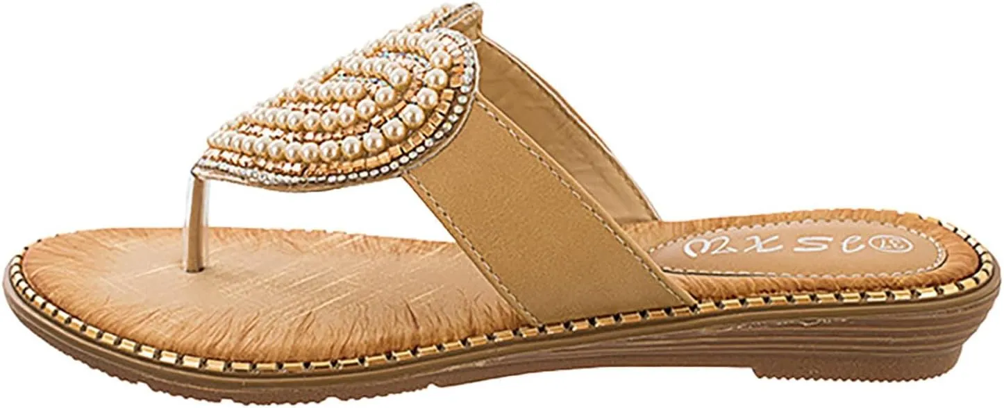 Womens Flat Sandals Dressy Pearl Beadeed Jewelry Open Toe Thong Flip Flops Casual Summer Slip On Beach Slide Slippers