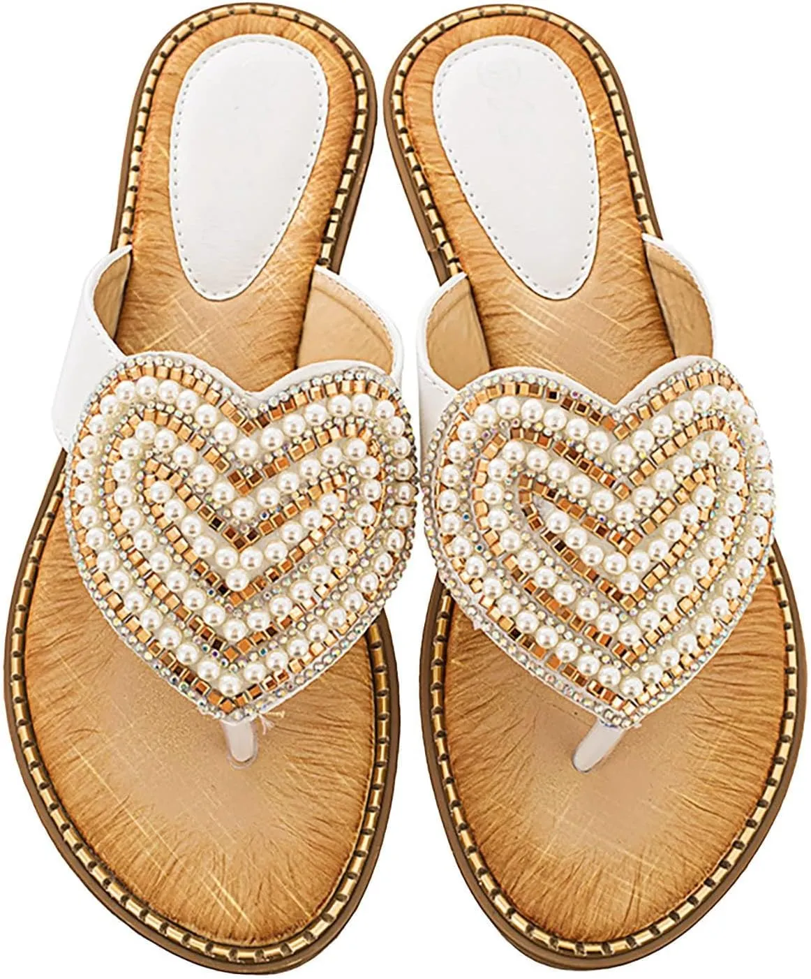 Womens Flat Sandals Dressy Pearl Beadeed Jewelry Open Toe Thong Flip Flops Casual Summer Slip On Beach Slide Slippers